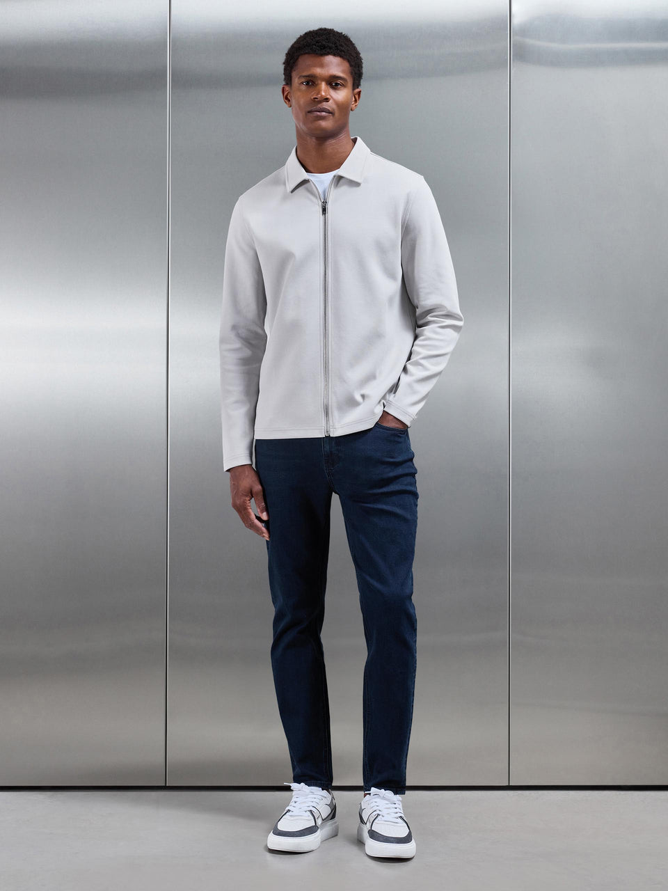 Cotton Jersey Zip Through Overshirt in Mid Grey