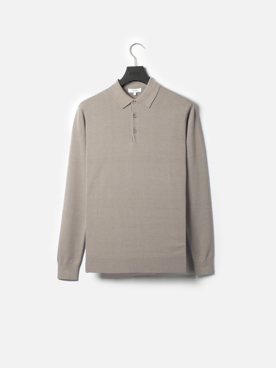 Cotton Knitted Long Sleeve Button Polo Shirt in Taupe