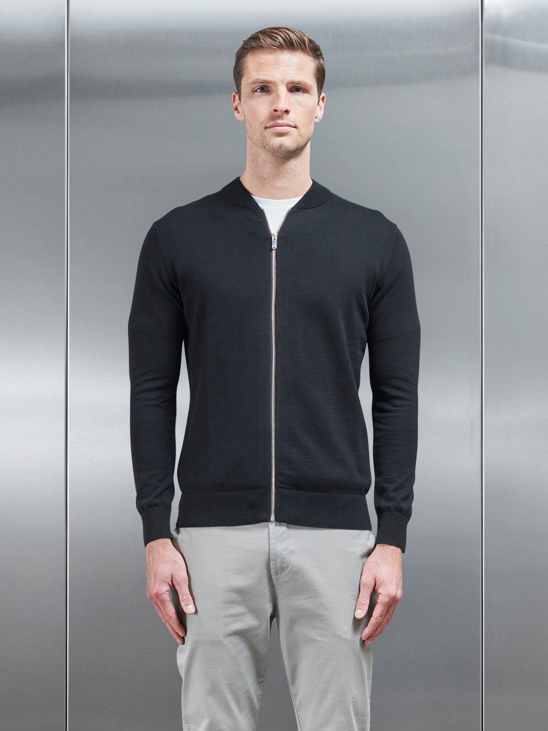 Cotton Knitted Bomber Jacket in Black