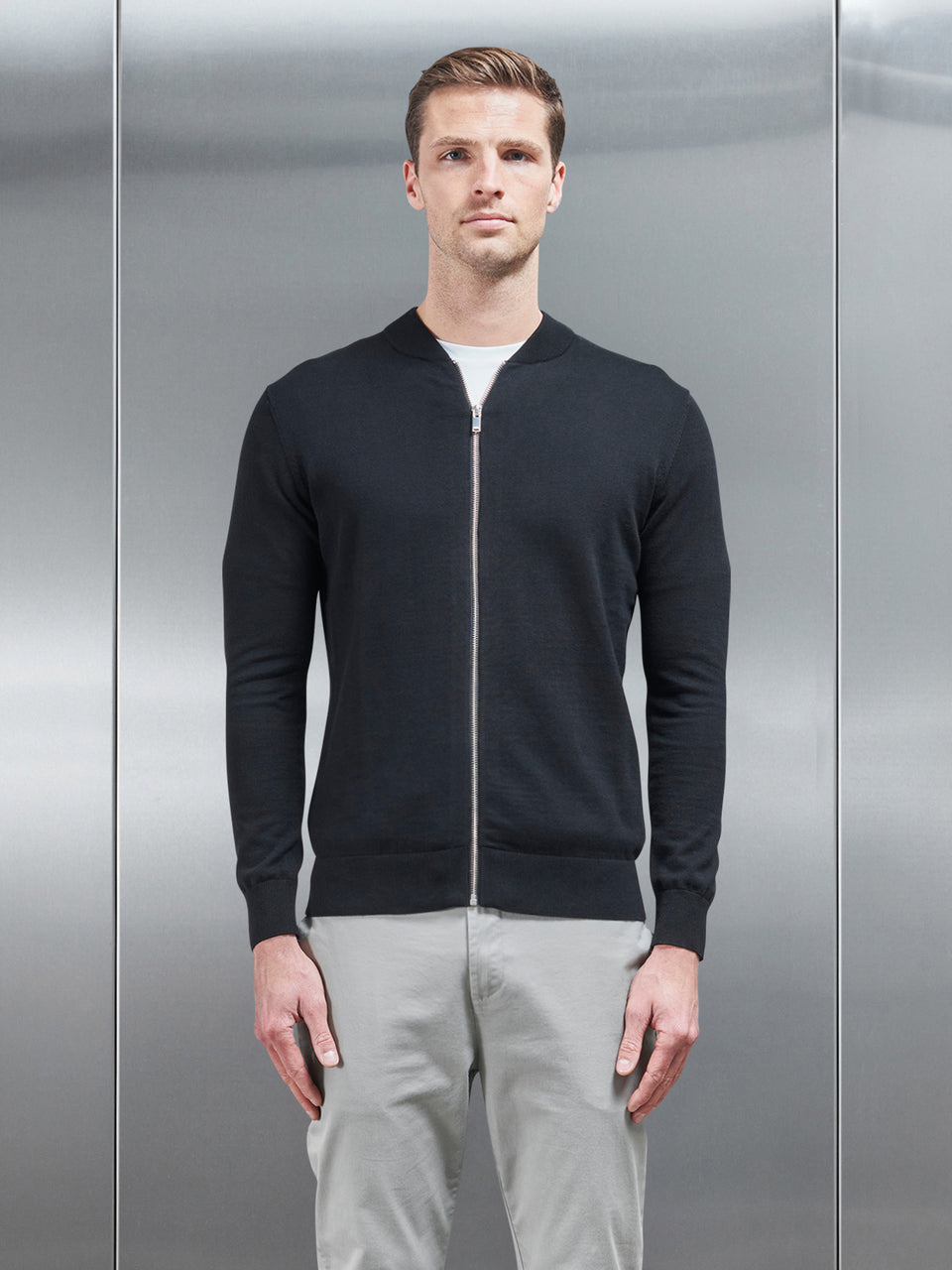 Cotton Knitted Bomber Jacket in Black