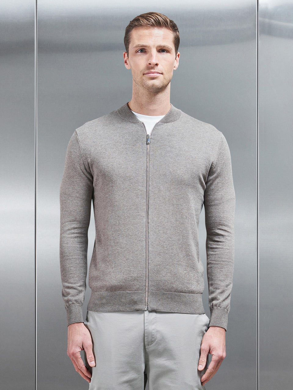 Cotton Knitted Bomber Jacket in Taupe Marl