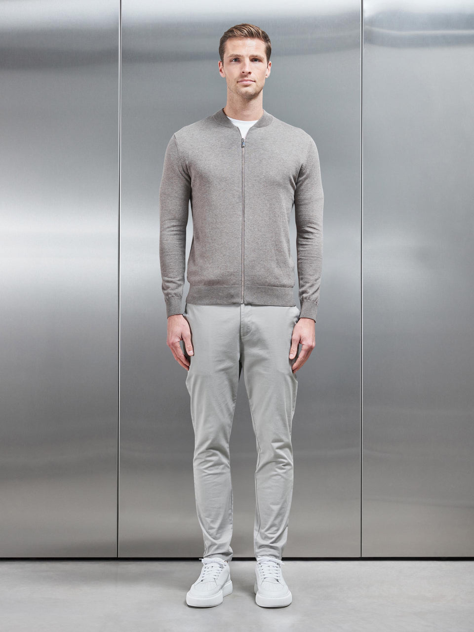 Cotton Knitted Bomber Jacket in Taupe Marl