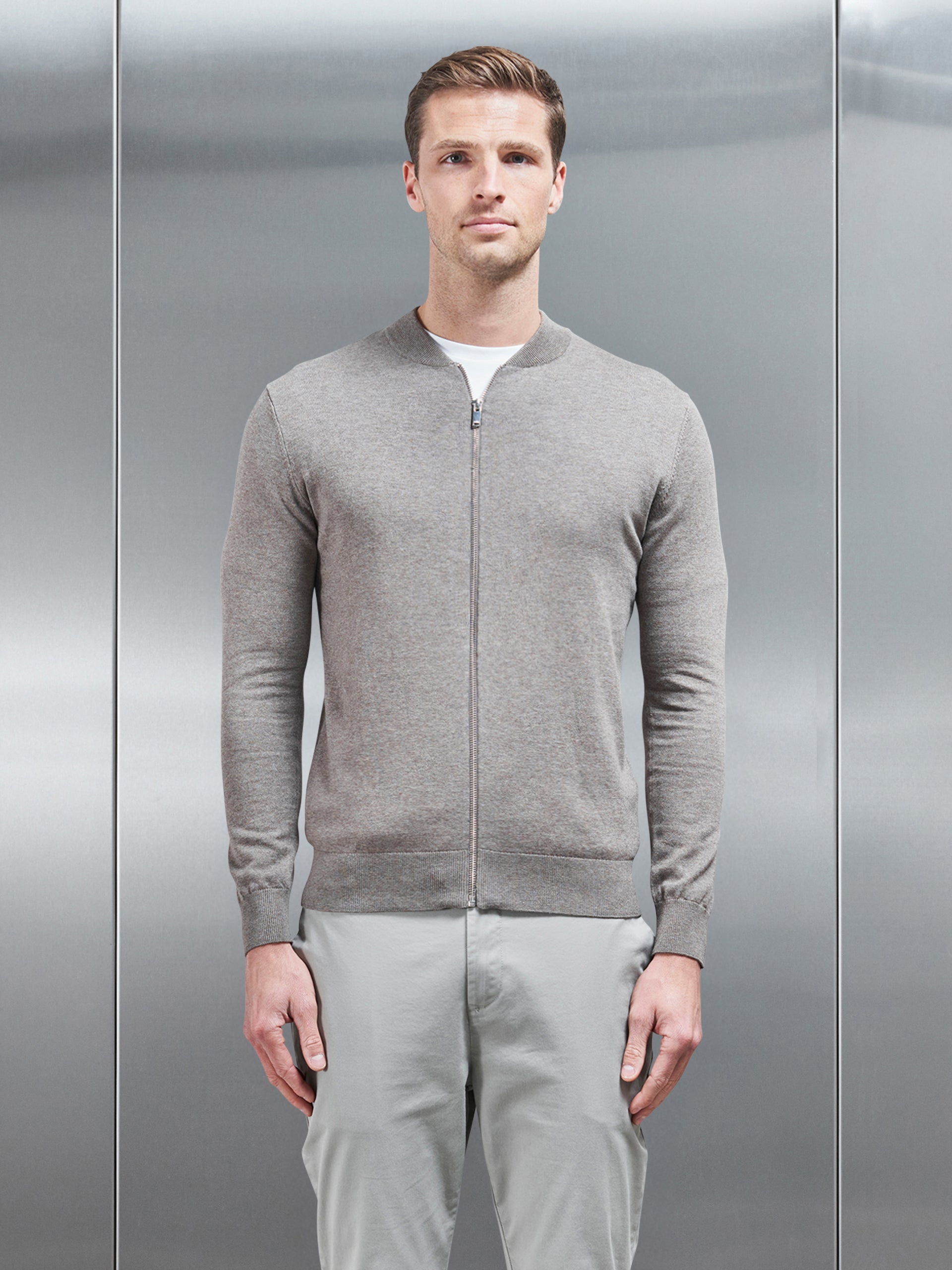 Cotton Knitted Bomber Jacket in Taupe Marl