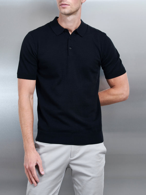Cotton Knitted Button Polo Shirt in Black