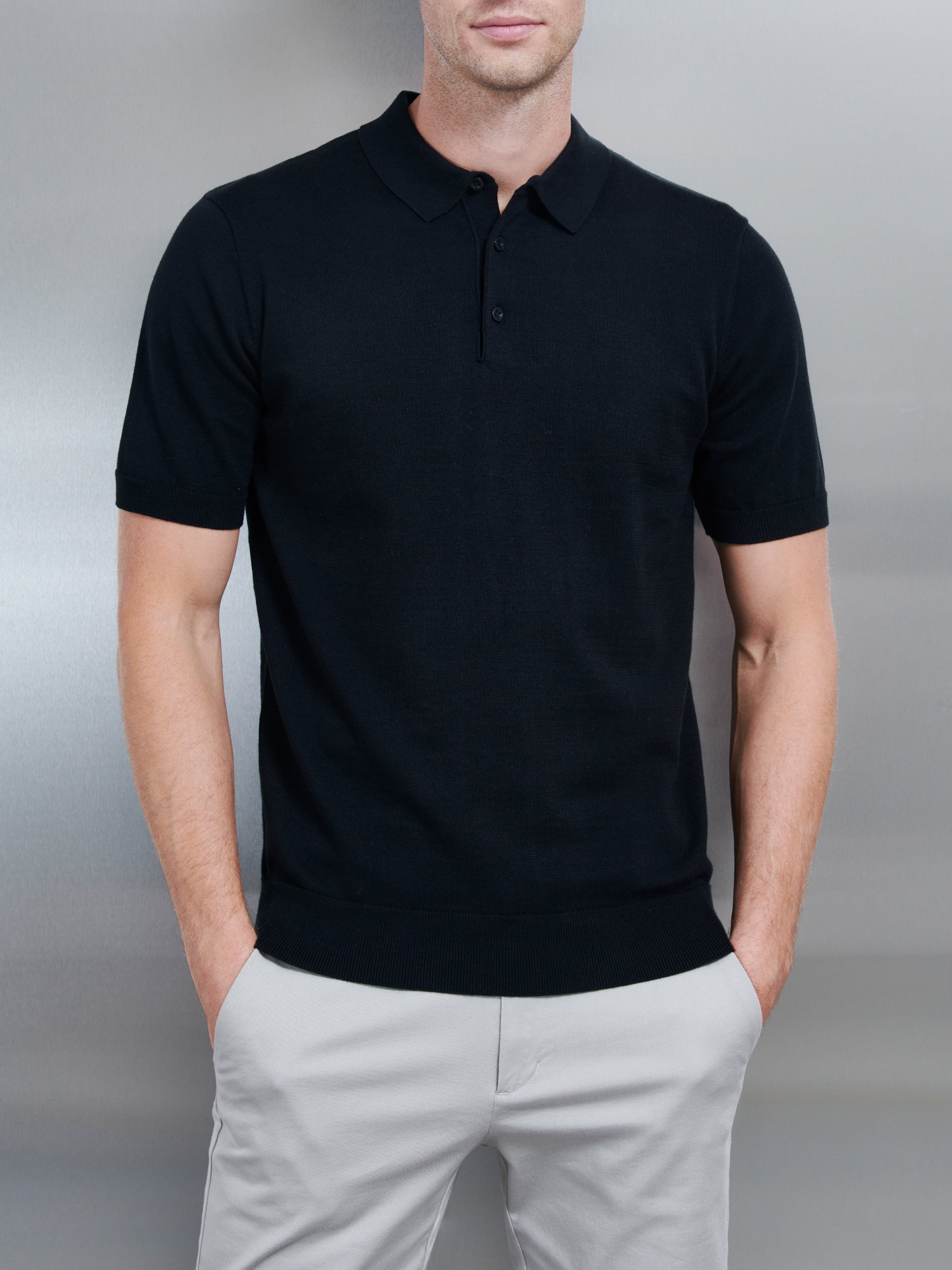 Cotton Knitted Button Polo Shirt in Black