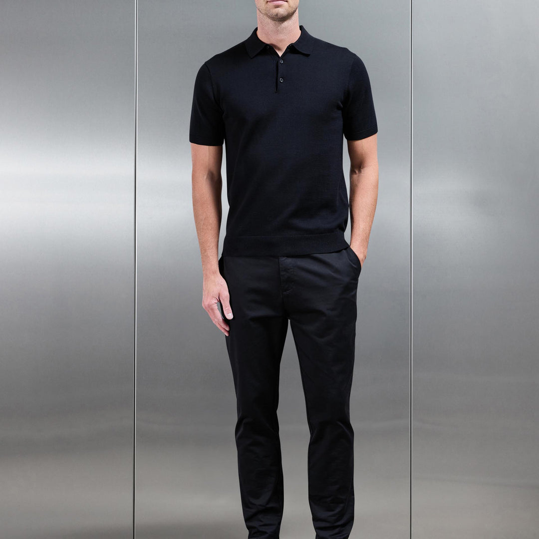 Cotton Knitted Button Polo Shirt in Black