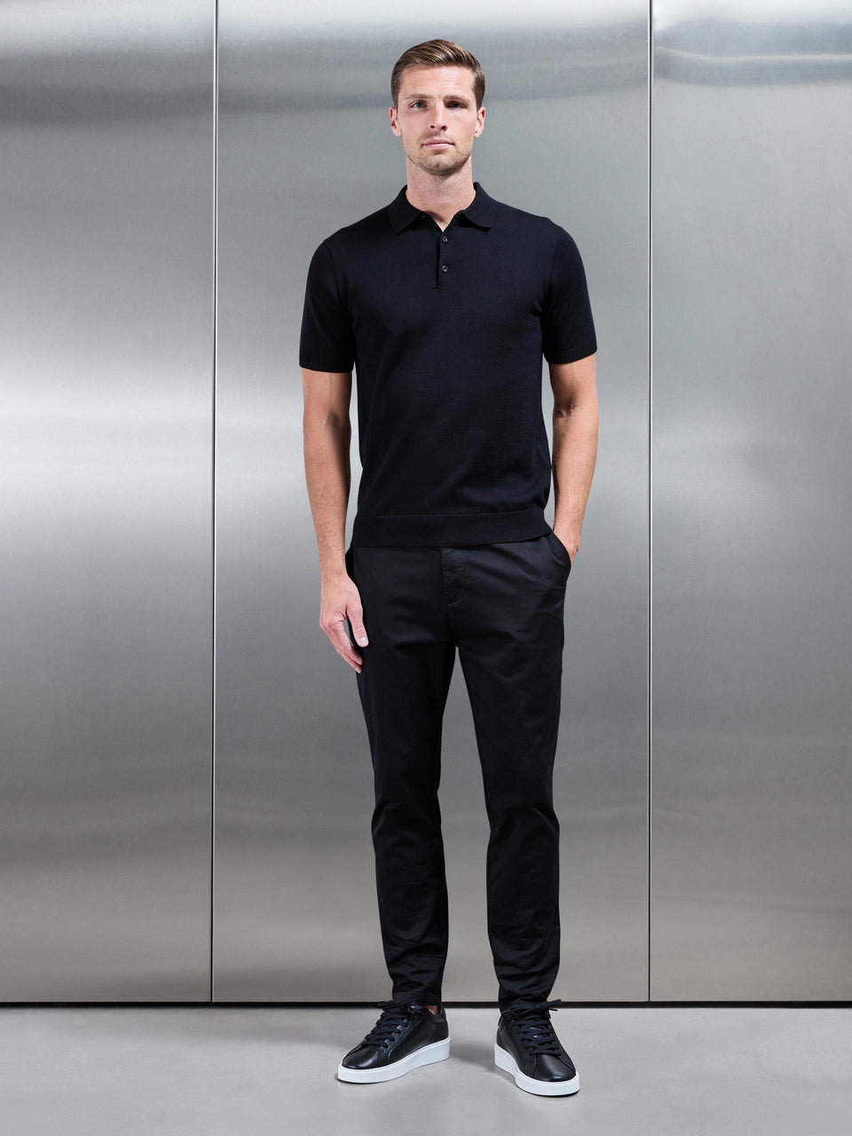 Cotton Knitted Button Polo Shirt in Black