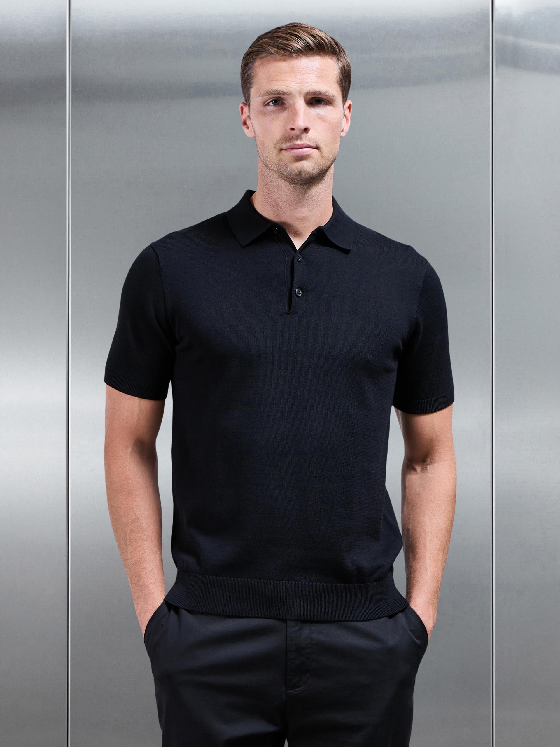 Cotton Knitted Button Polo Shirt in Black