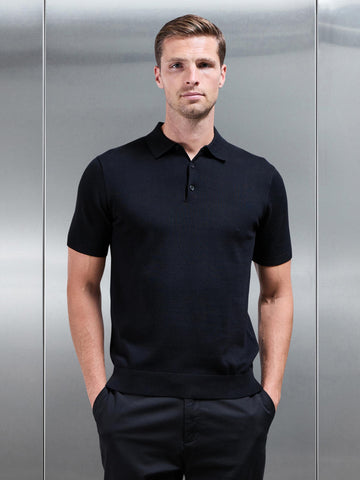 Cotton Knitted Button Polo Shirt in Black