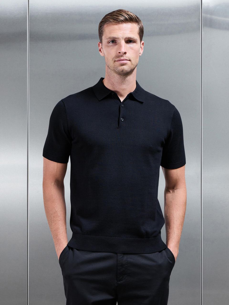 Cotton Knitted Button Polo Shirt in Black