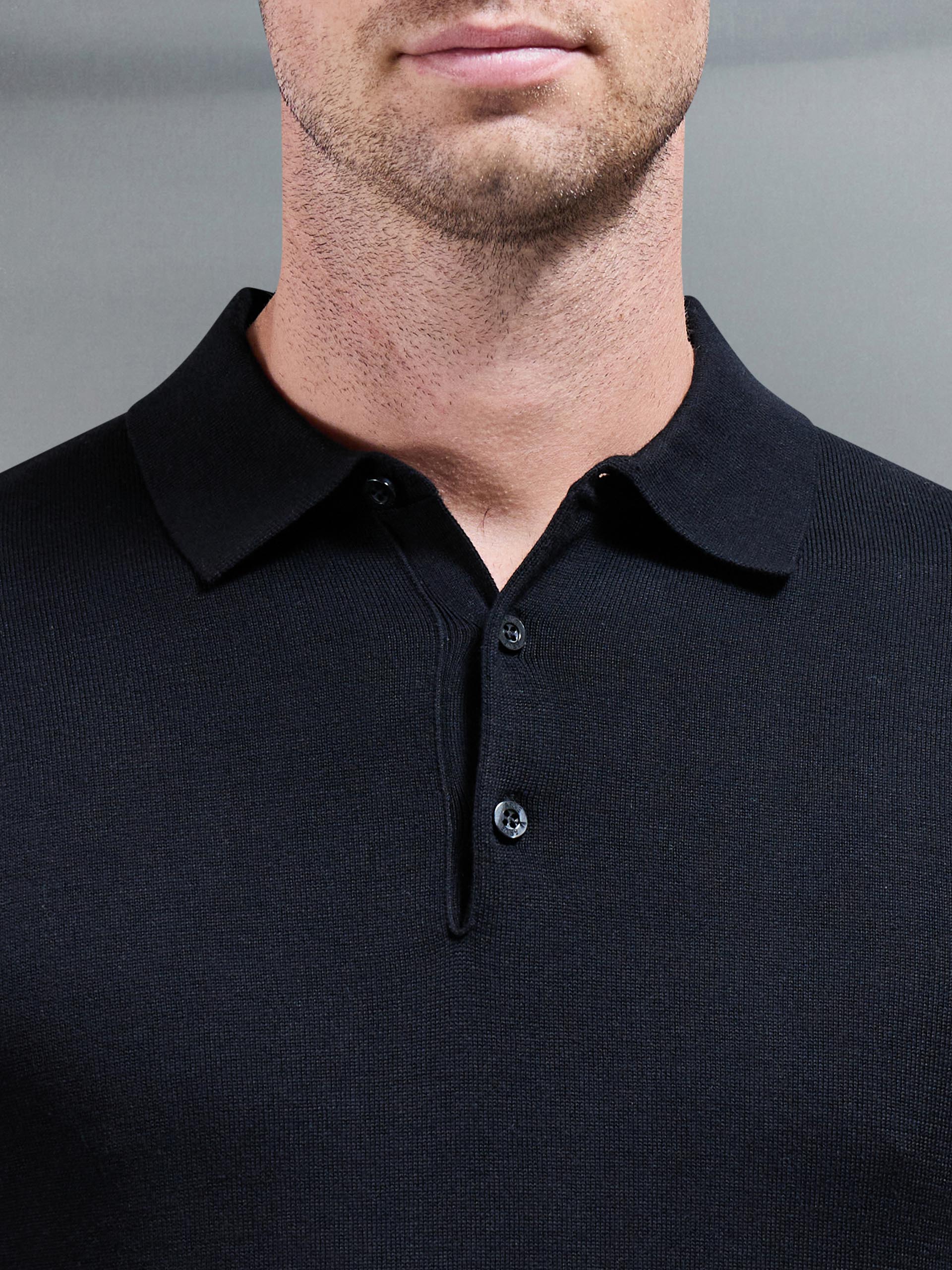 Cotton Knitted Button Polo Shirt in Black