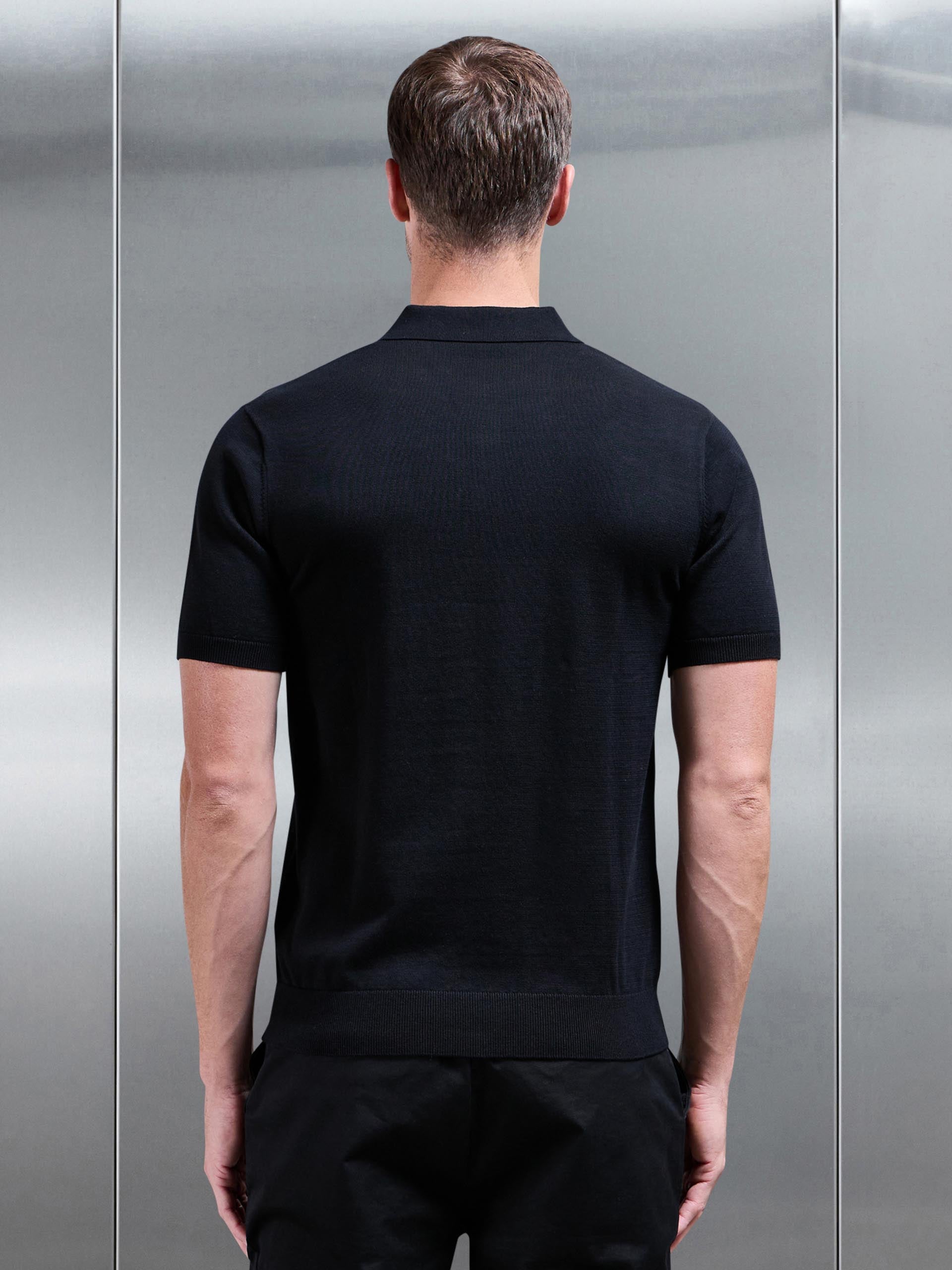 Cotton Knitted Button Polo Shirt in Black