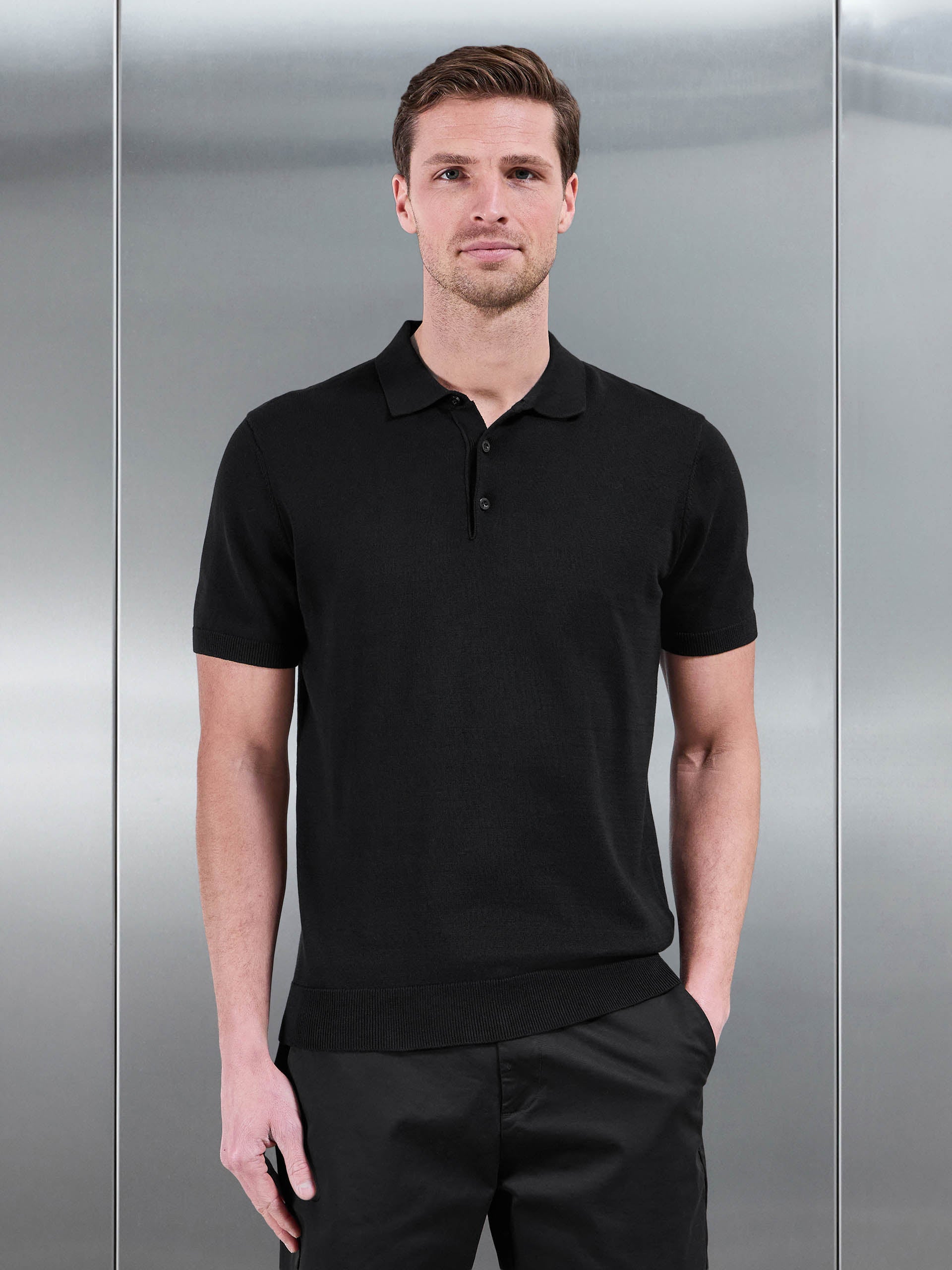 Cotton Knitted Button Polo Shirt in Black