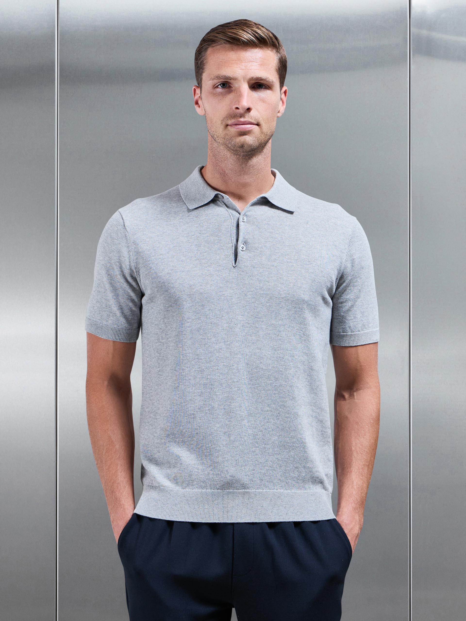 Cotton Knitted Button Polo Shirt in Marl Grey