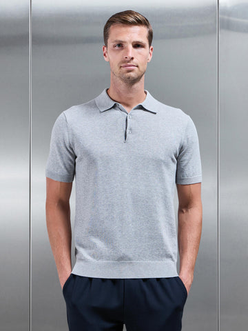 Cotton Knitted Button Polo Shirt in Marl Grey