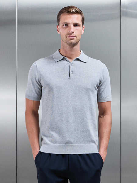 Cotton Knitted Button Polo Shirt in Marl Grey