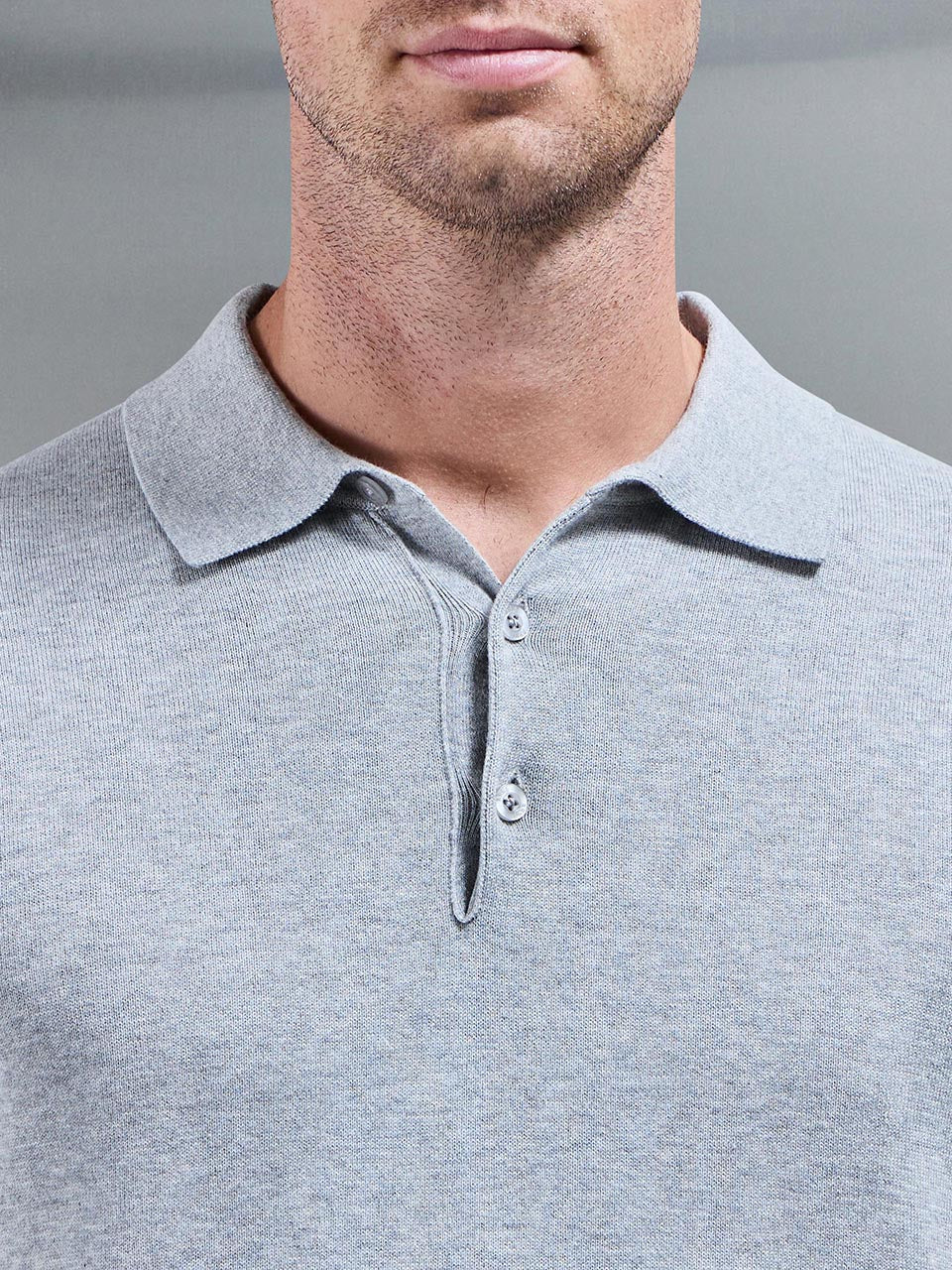 Cotton Knitted Button Polo Shirt in Marl Grey