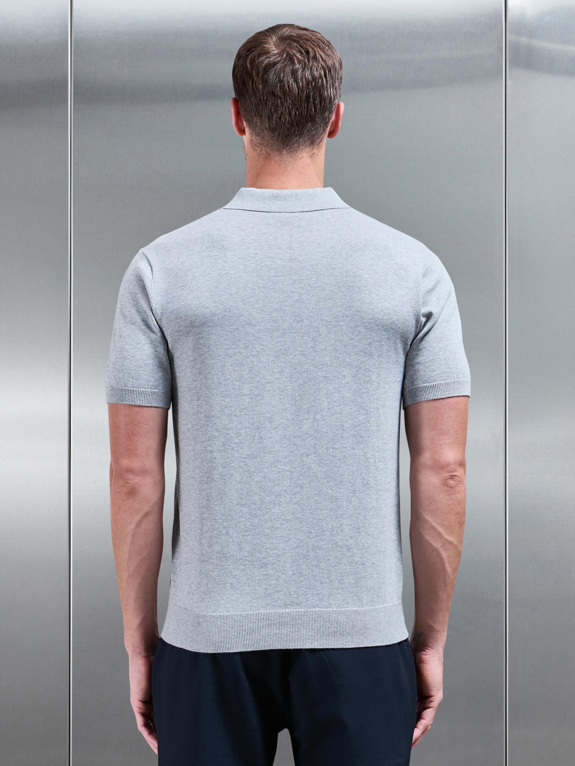 Cotton Knitted Button Polo Shirt in Marl Grey