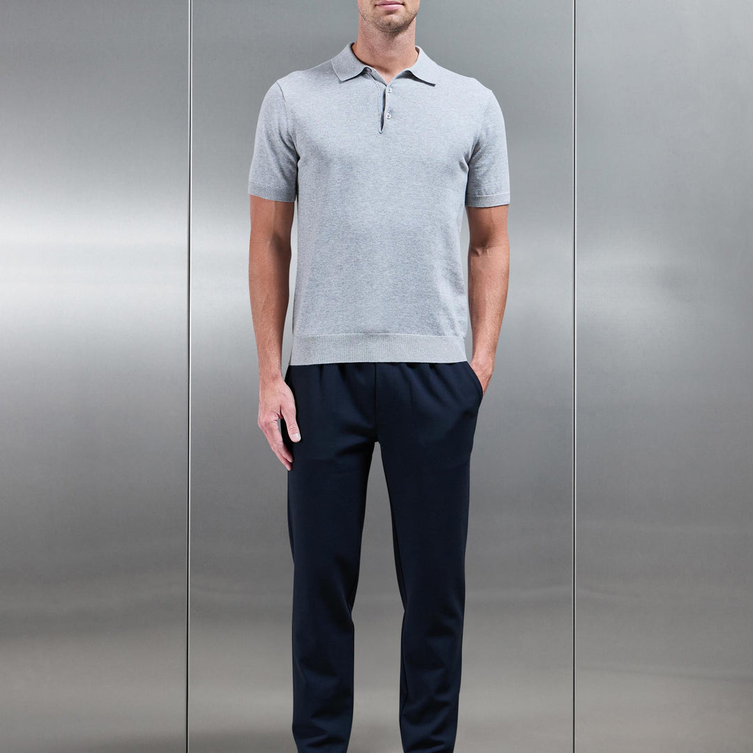 Cotton Knitted Button Polo Shirt in Marl Grey