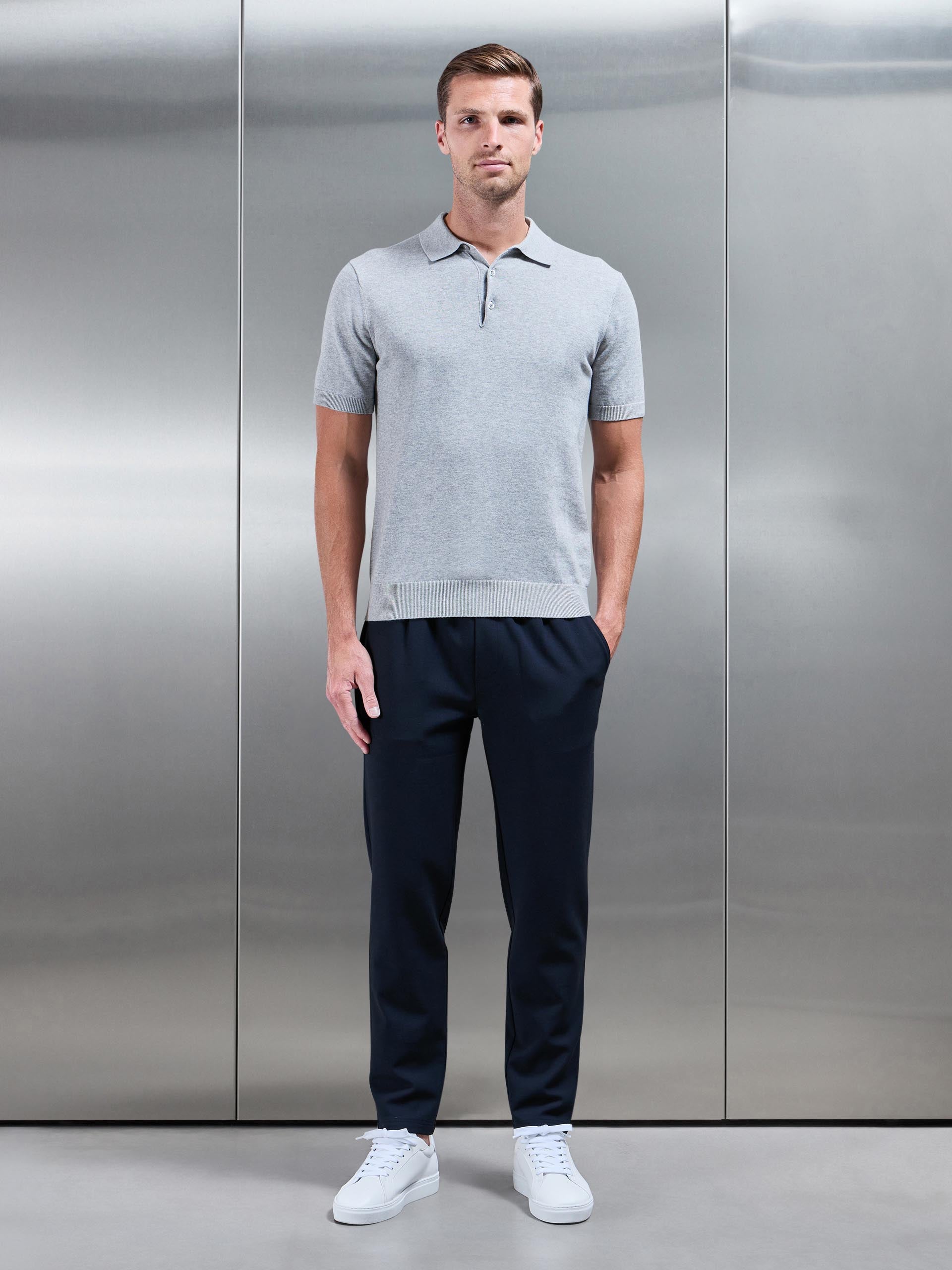 Cotton Knitted Button Polo Shirt in Marl Grey