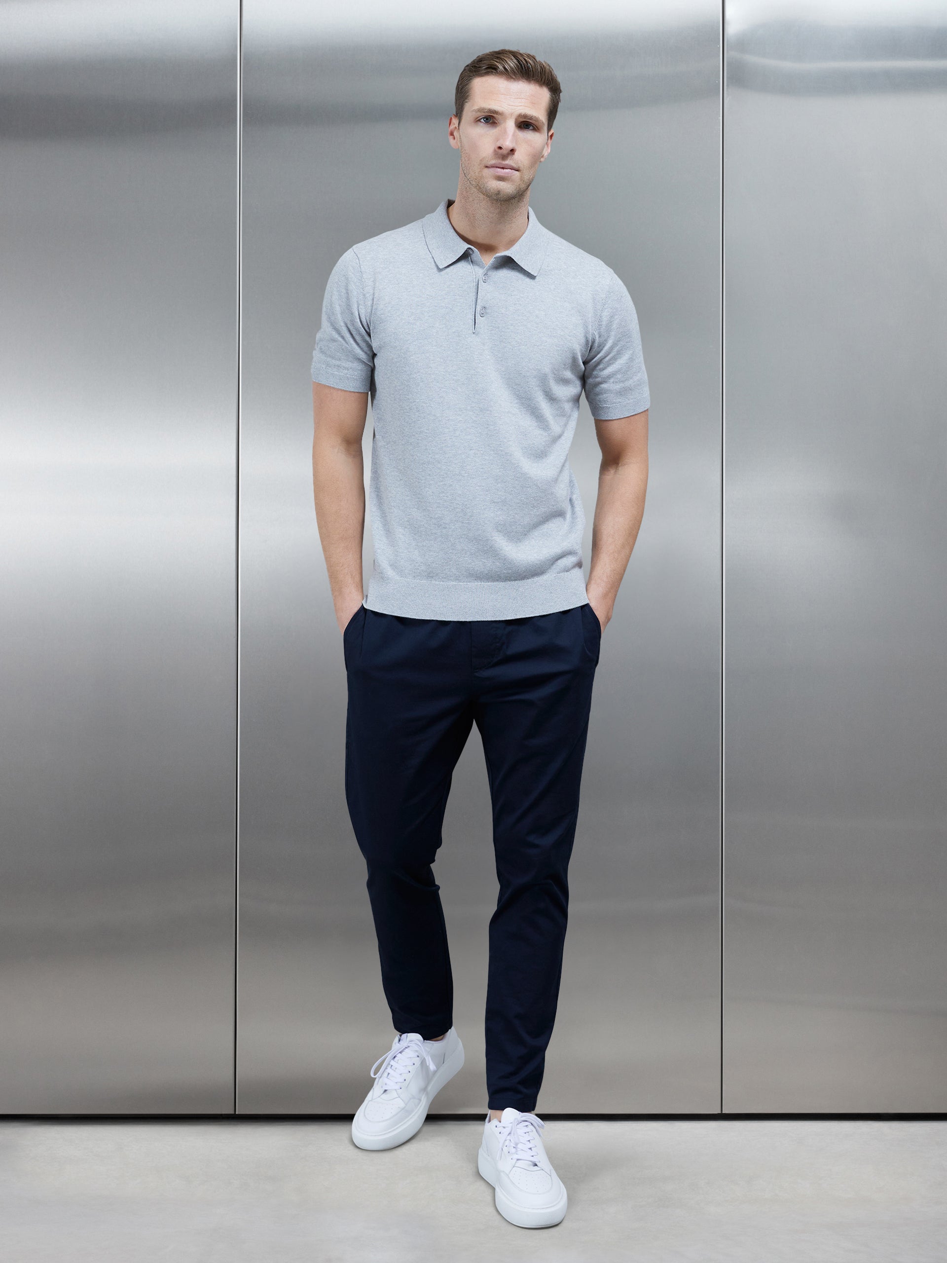 Cotton Knitted Button Polo Shirt in Marl Grey