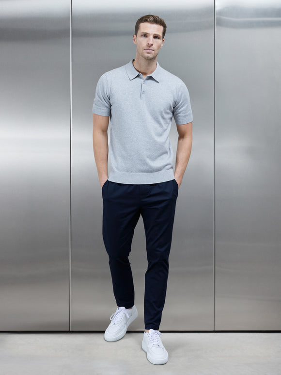 Cotton Knitted Button Polo Shirt in Marl Grey