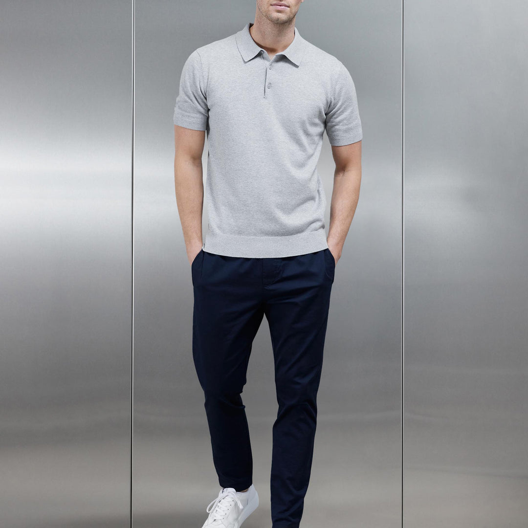 Cotton Knitted Button Polo Shirt in Marl Grey