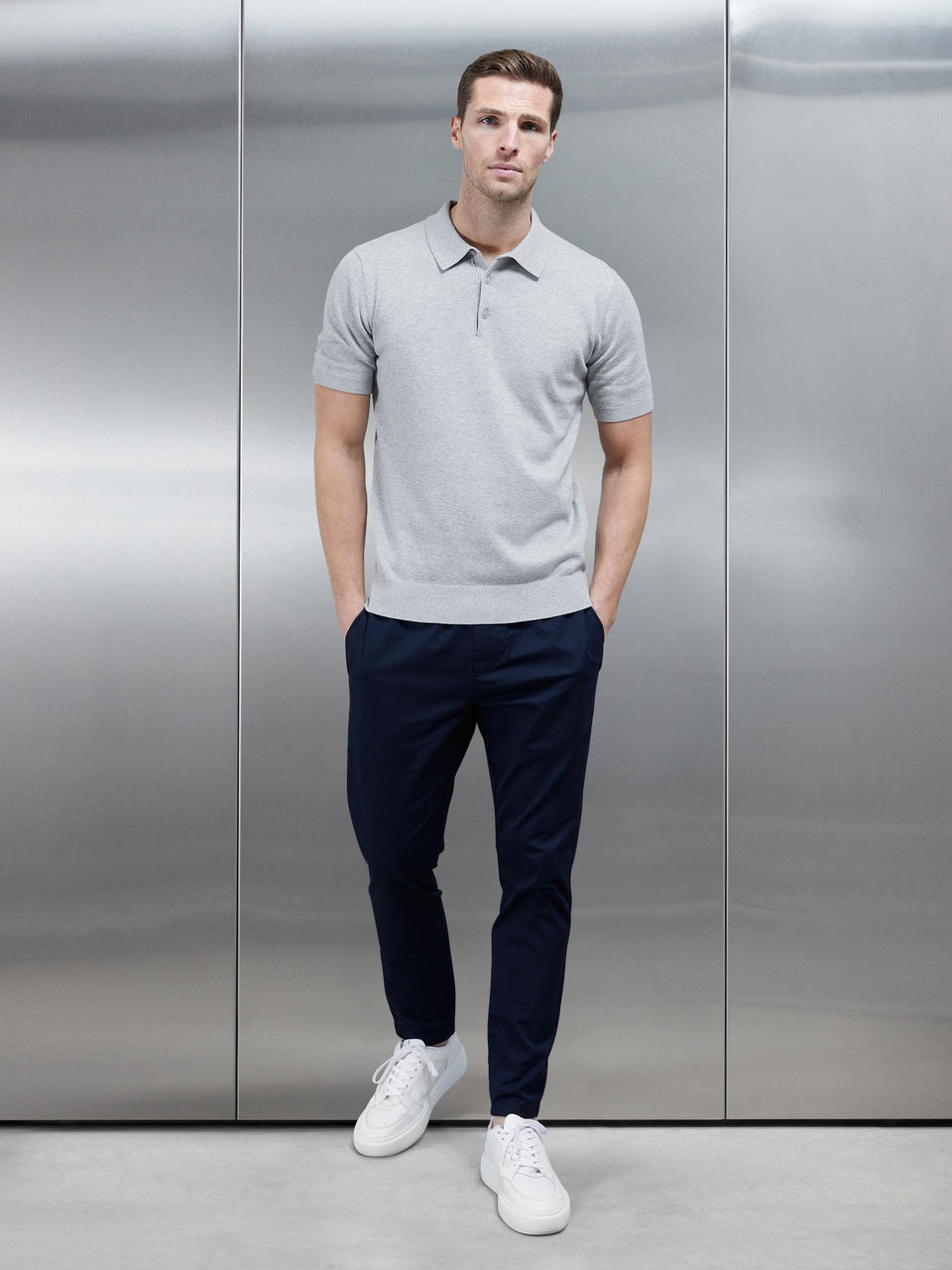 Cotton Knitted Button Polo Shirt in Marl Grey