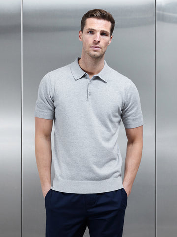 Cotton Knitted Button Polo Shirt in Marl Grey