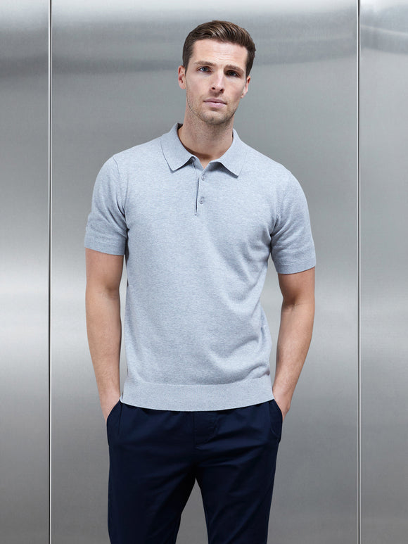 Cotton Knitted Button Polo Shirt in Marl Grey