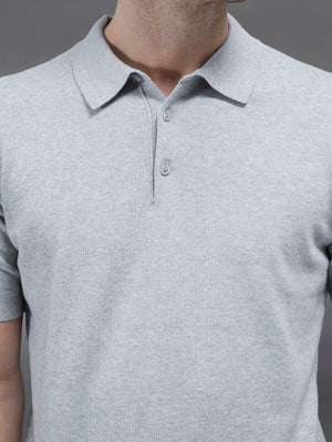 Cotton Knitted Button Polo Shirt in Marl Grey