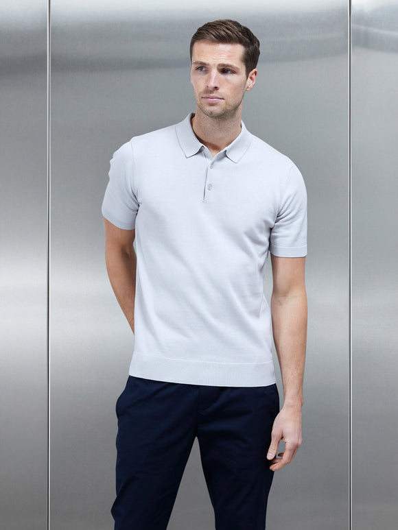 Cotton Knitted Button Polo Shirt in Mid Grey