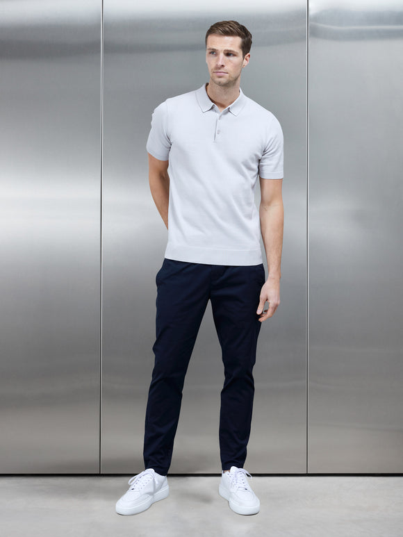 Cotton Knitted Button Polo Shirt in Mid Grey