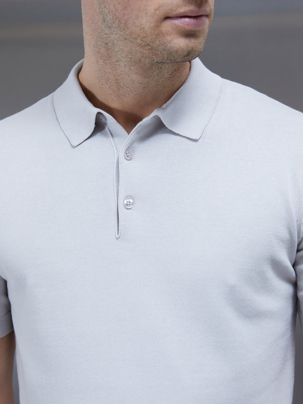 Cotton Knitted Button Polo Shirt in Mid Grey