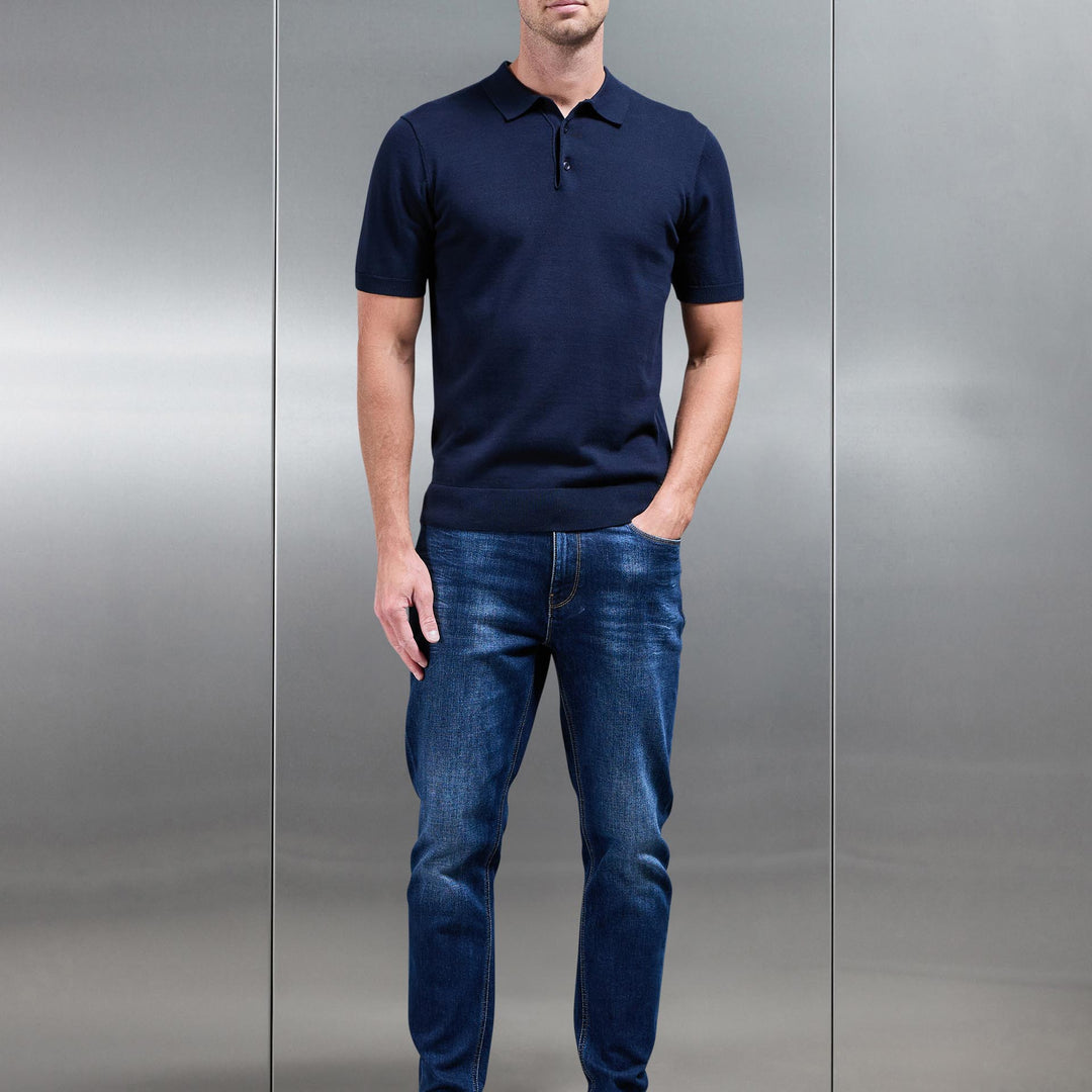 Cotton Knitted Button Polo Shirt in Navy