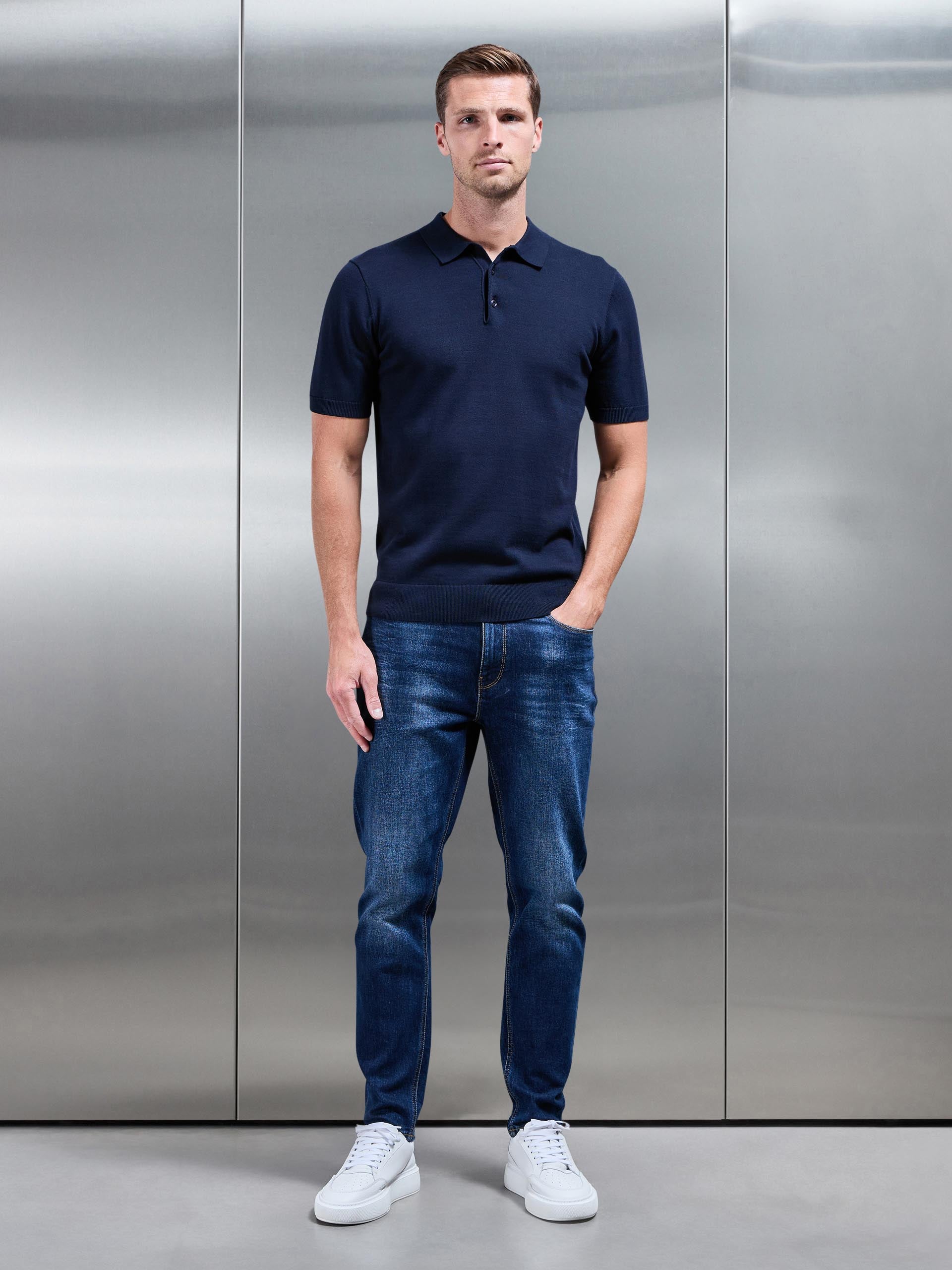 Cotton Knitted Button Polo Shirt in Navy