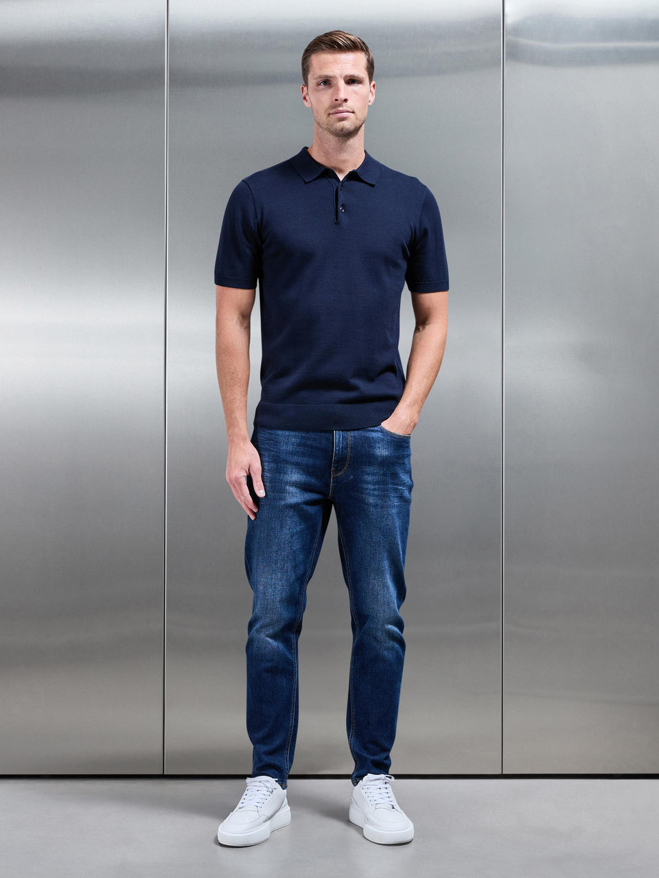 Cotton Knitted Button Polo Shirt in Navy