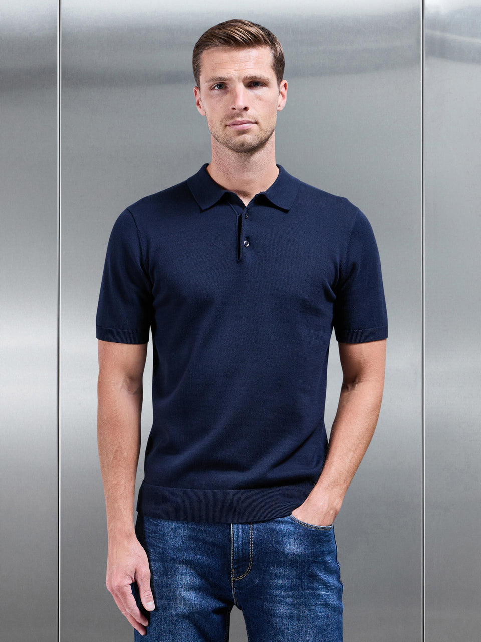 Cotton Knitted Button Polo Shirt in Navy