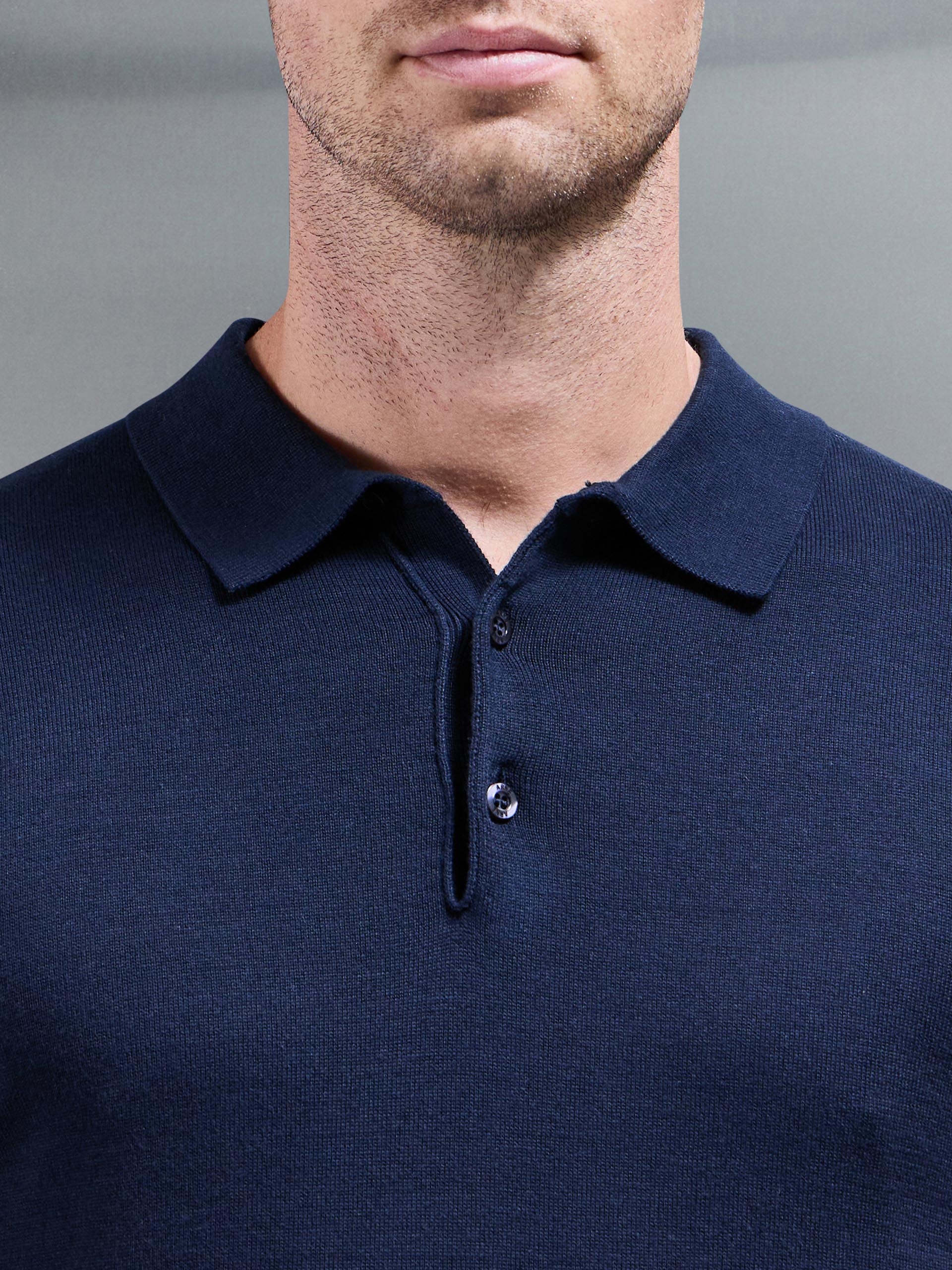 Cotton Knitted Button Polo Shirt in Navy