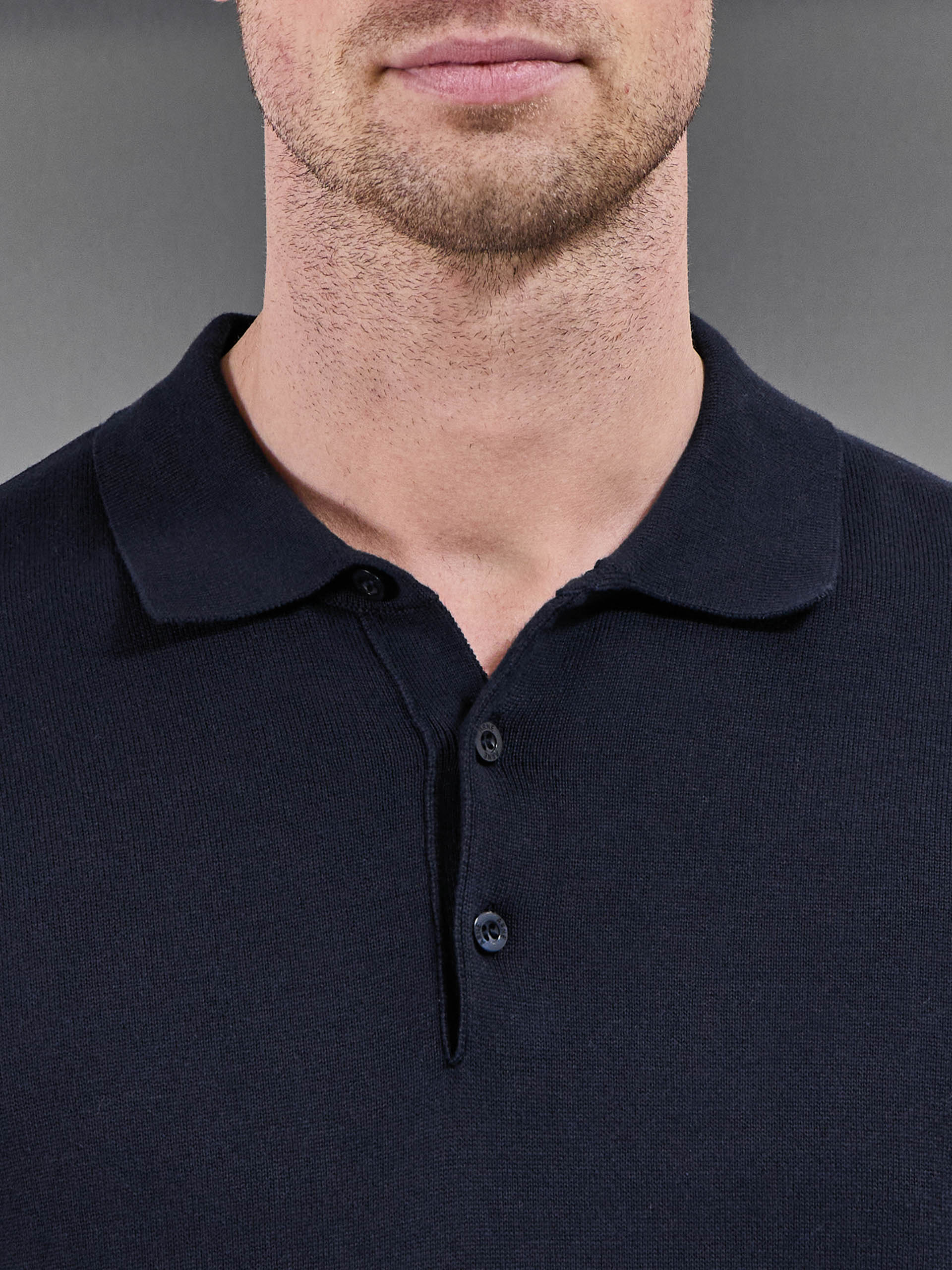 Cotton Knitted Button Polo Shirt in Navy
