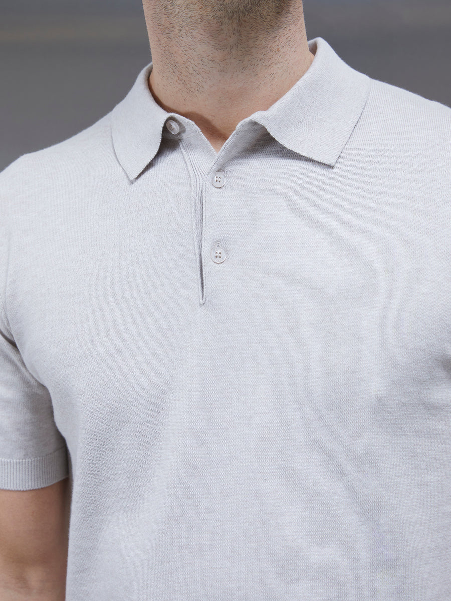 Cotton Knitted Button Polo Shirt in Oatmeal