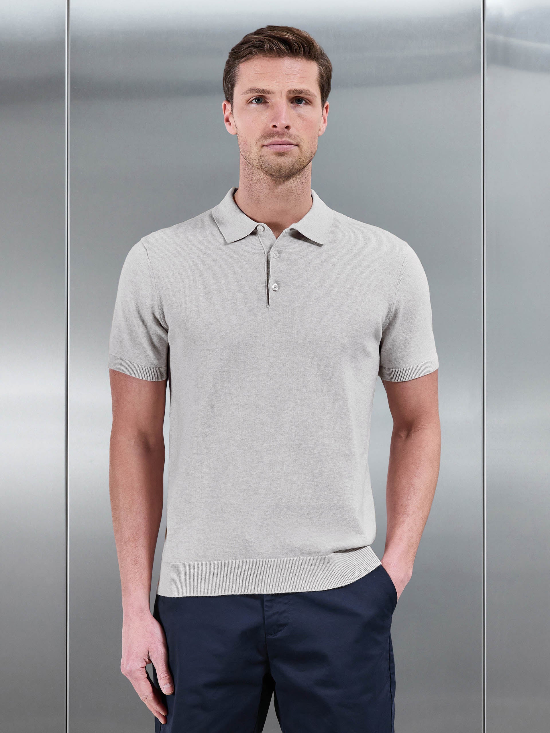 Cotton Knitted Button Polo Shirt in Oatmeal