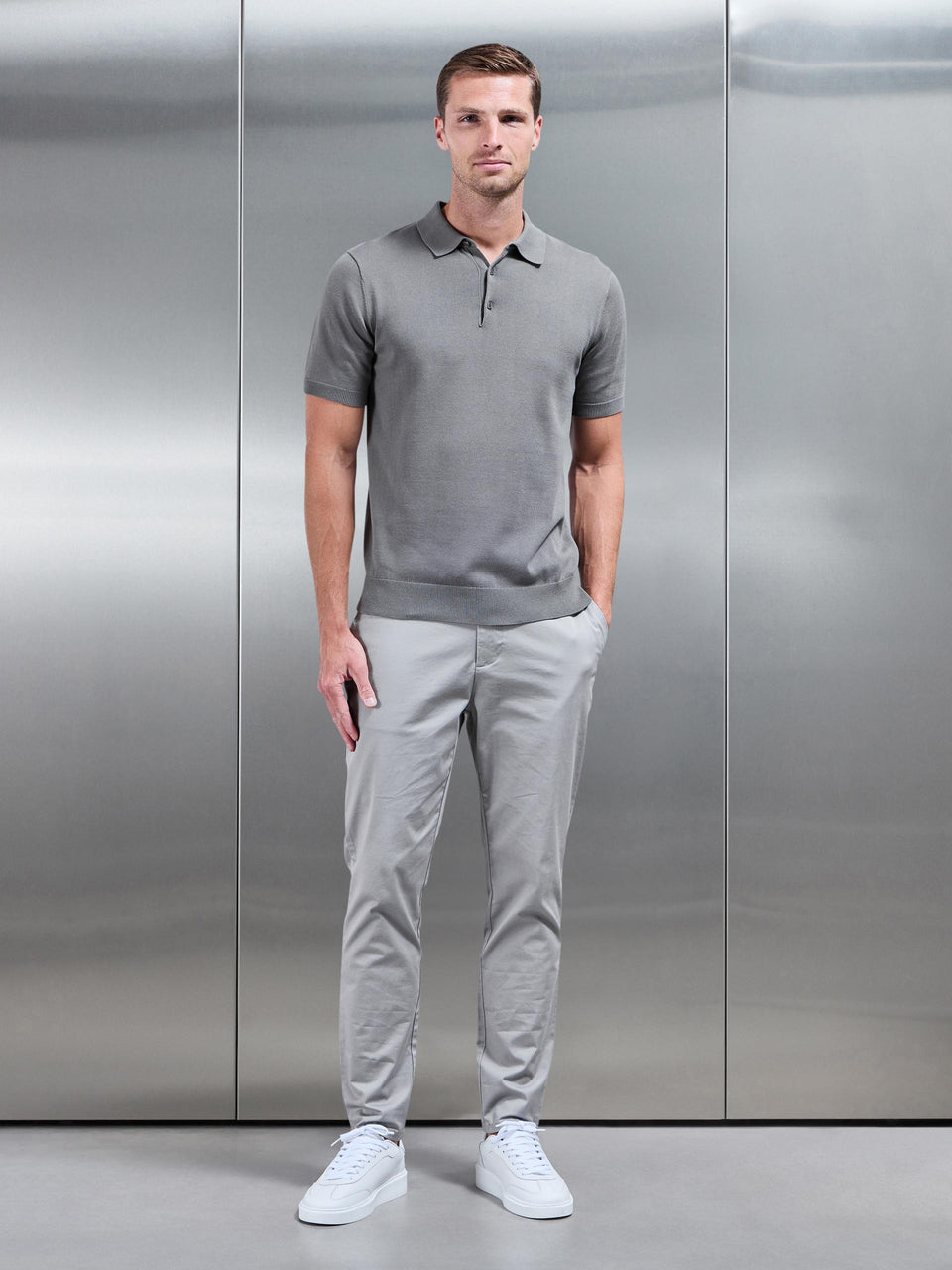 Cotton Knitted Button Polo Shirt in Sage