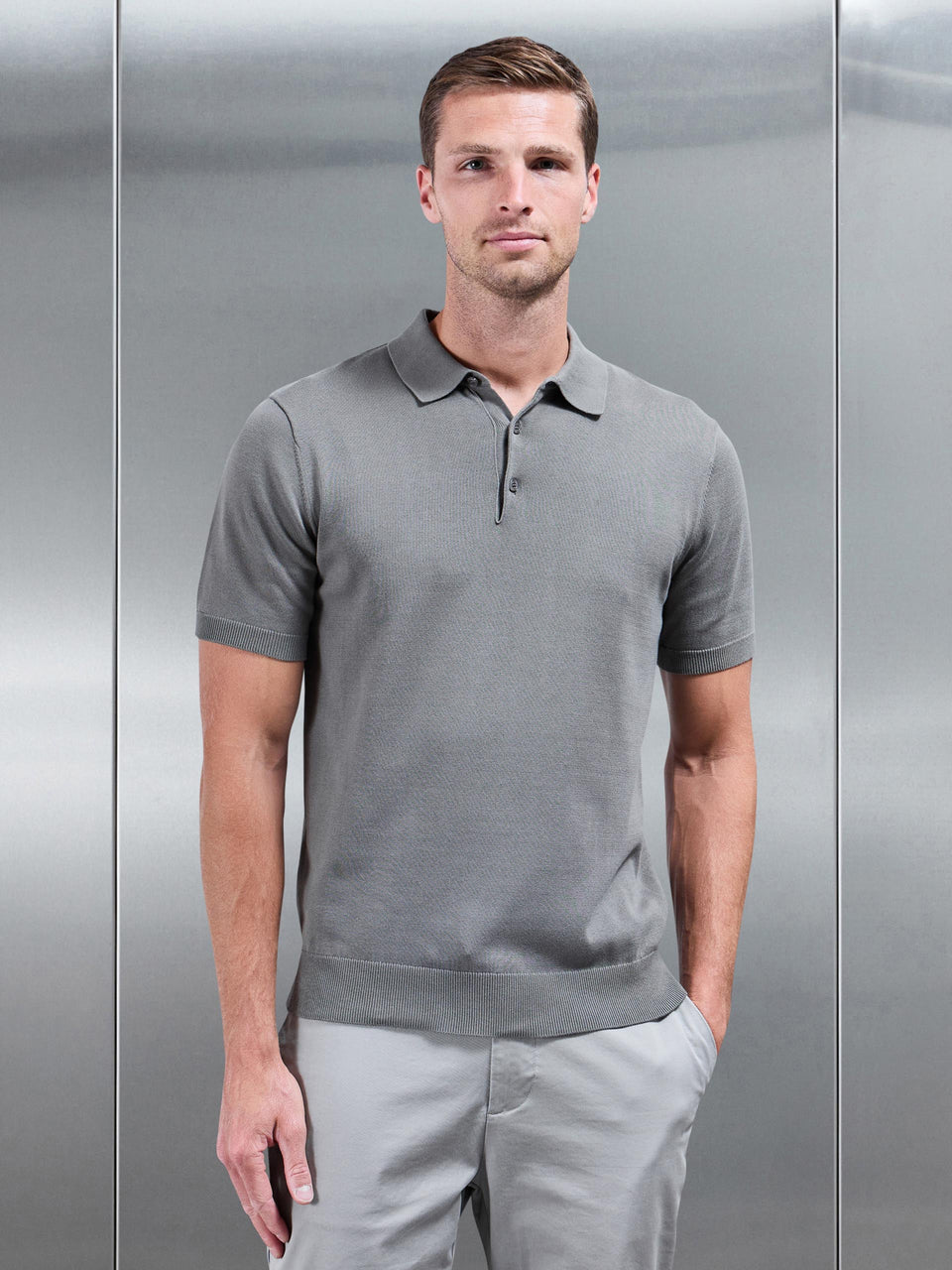 Cotton Knitted Button Polo Shirt in Sage