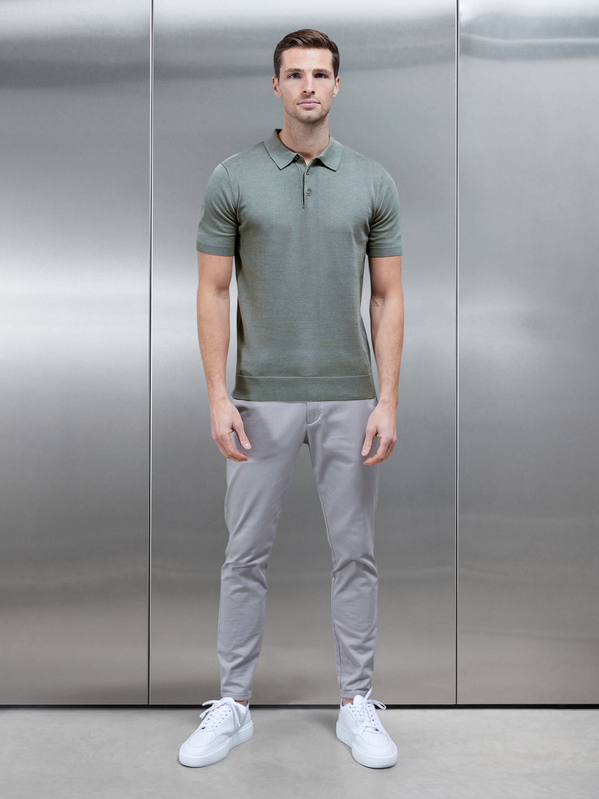 Cotton Knitted Button Polo Shirt in Sage
