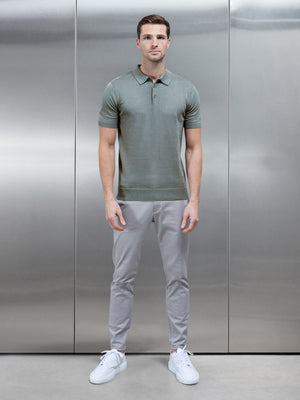 Cotton Knitted Button Polo Shirt in Sage