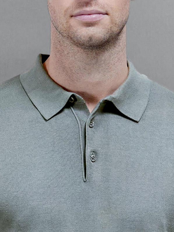Cotton Knitted Button Polo Shirt in Sage