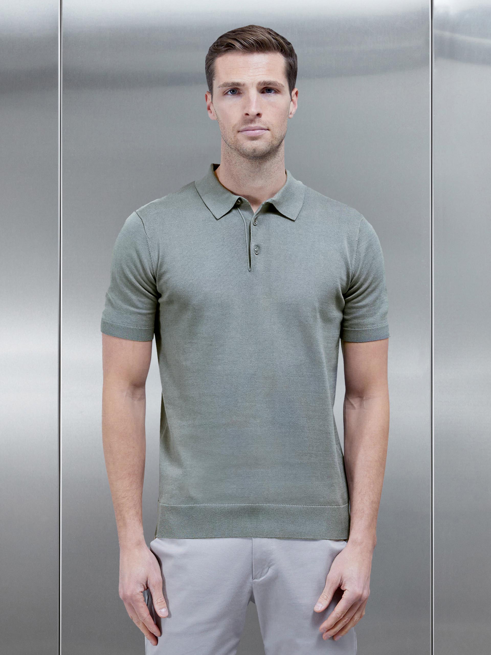 Cotton Knitted Button Polo Shirt in Sage
