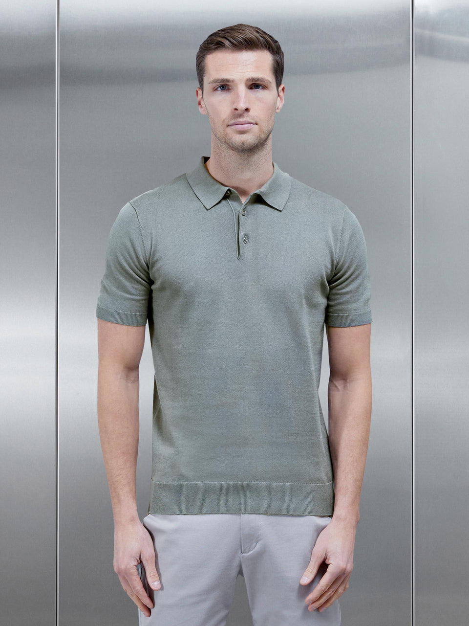 Cotton Knitted Button Polo Shirt in Sage