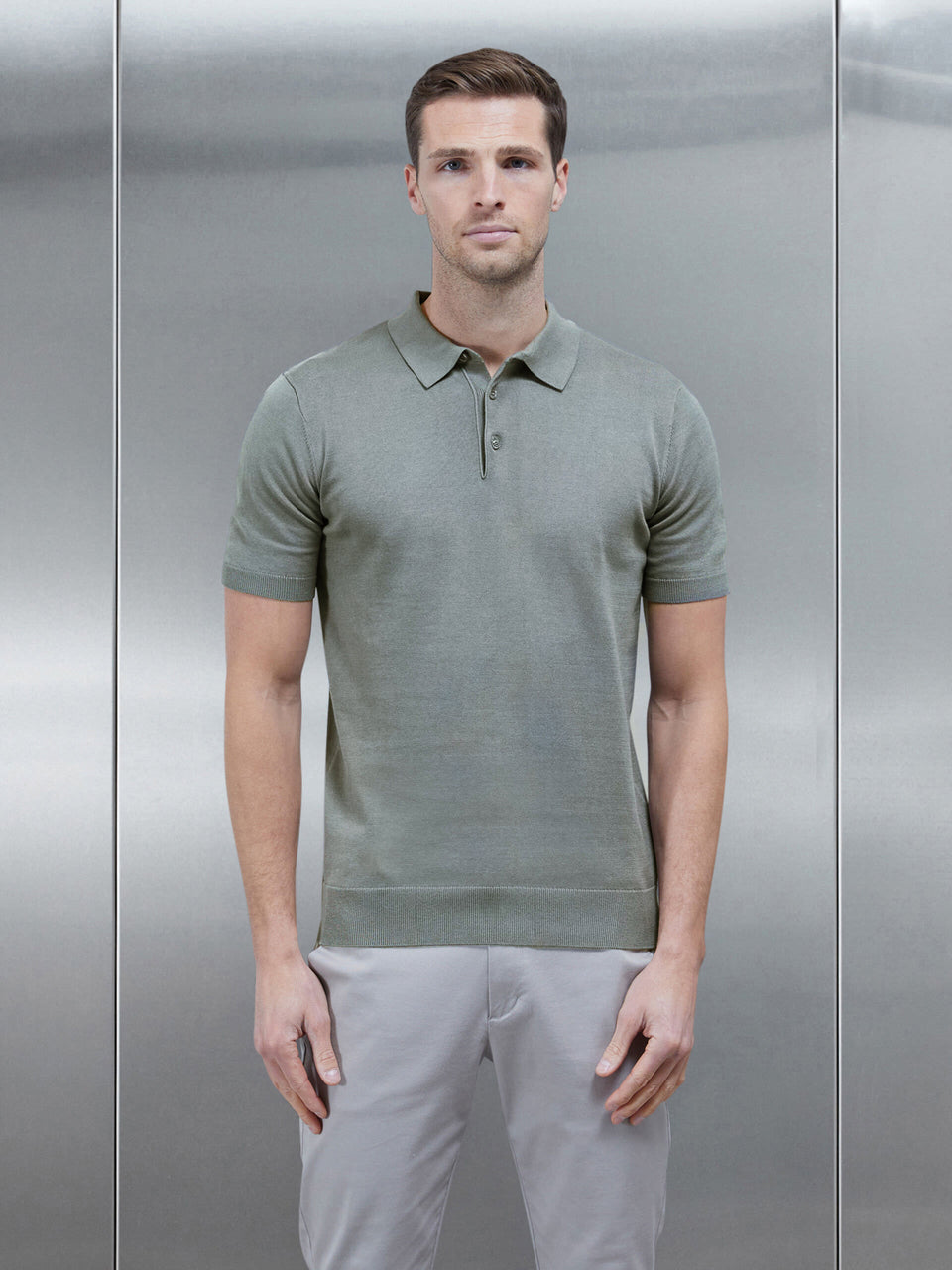 Cotton Knitted Button Polo Shirt in Sage